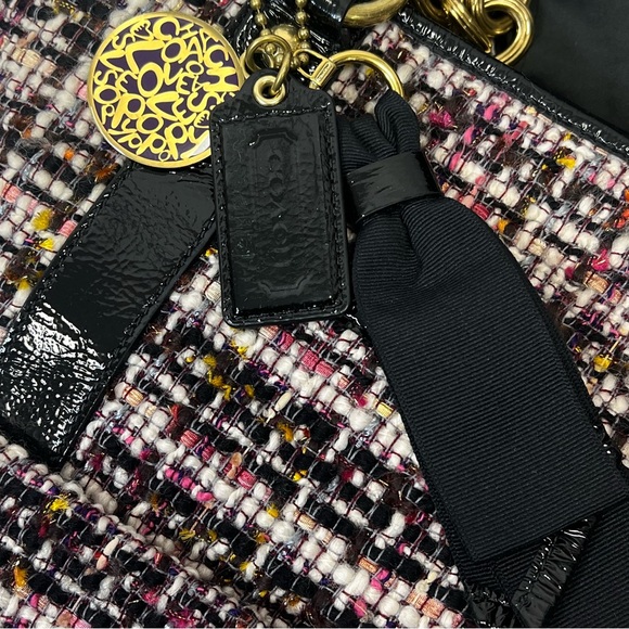 RARE COACH POPPY GALAXY TWEED TOTE PATENT LEATHER TRIM PUSHLOCK 2 TAGS & CHARM - Picture 14 of 15